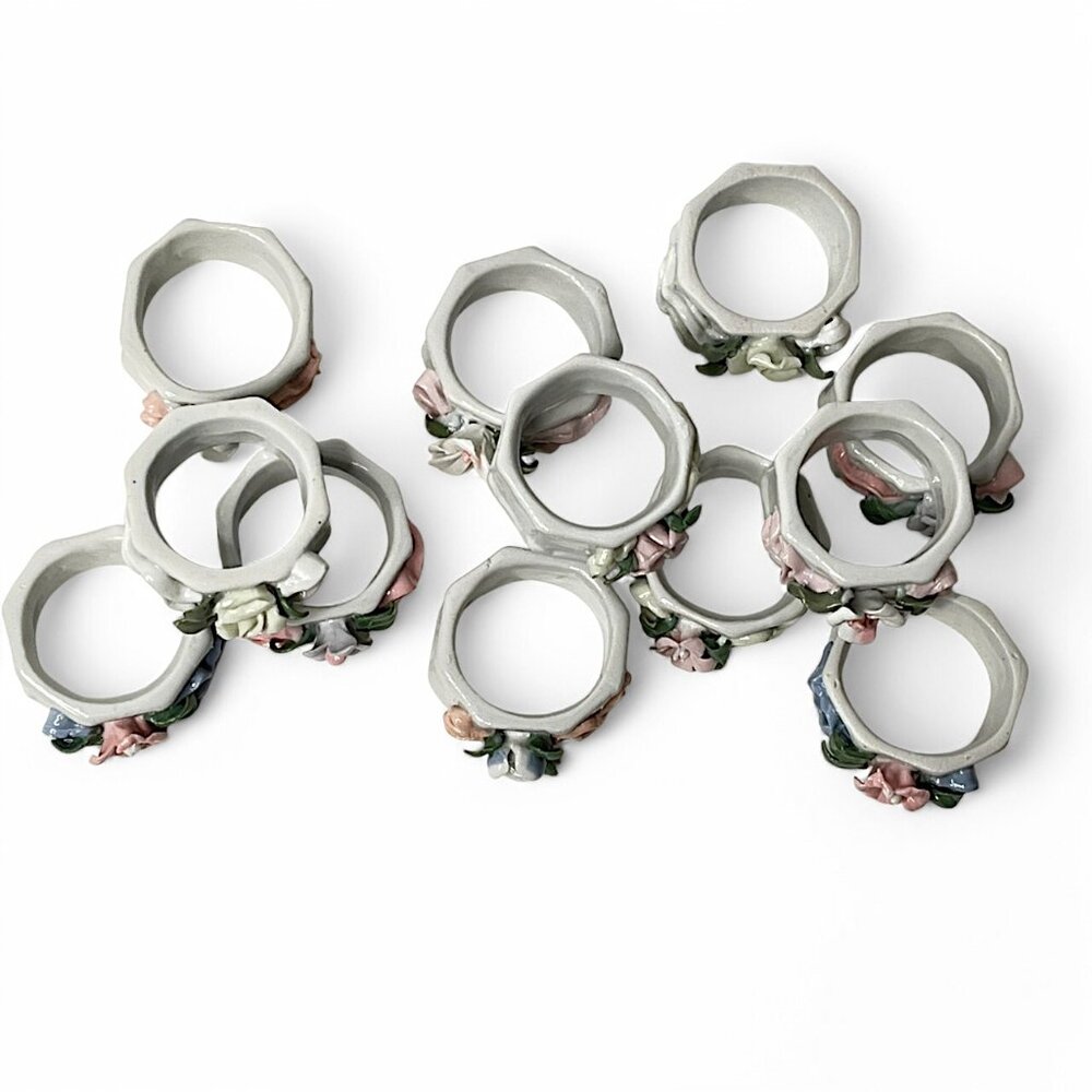 VTG Napkin Ring Set of 12 3D Flower Ribbon Pastel/Spring  Porcelain Hand Painted - Picture 2 of 4